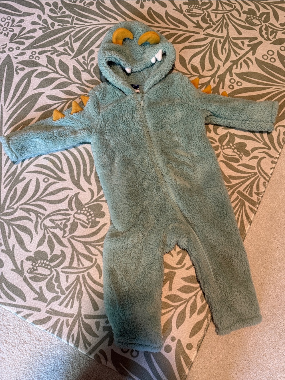 Old Navy Mint Green Dino Hooded One-Piece Footie with Yellow Spikes